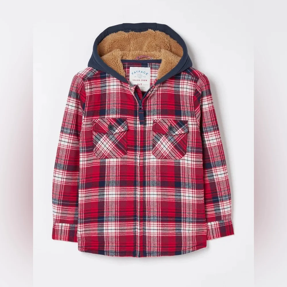 Fat Face Red and Blue Plaid Hooded Jacket